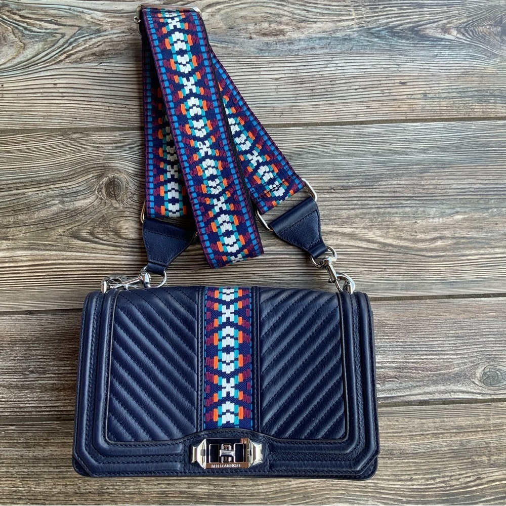 NWOT Rebecca Minkoff Jacquard Love Guitar Strap Crossbody Navy.